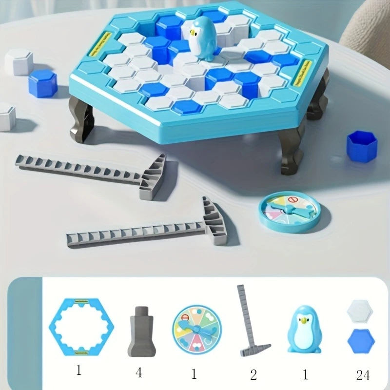 Save the Penguin Ice Tapping Rescue Game by FanzyMarket, a STEM family board game featuring penguin figures and ice blocks for kids.