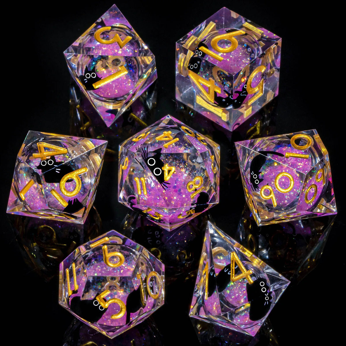 FanzyMarket Liquid-Core Cat Resin RPG dice set with sharp-edge polyhedral D20, D12, D10, D8, D6, D4 for tabletop gaming.