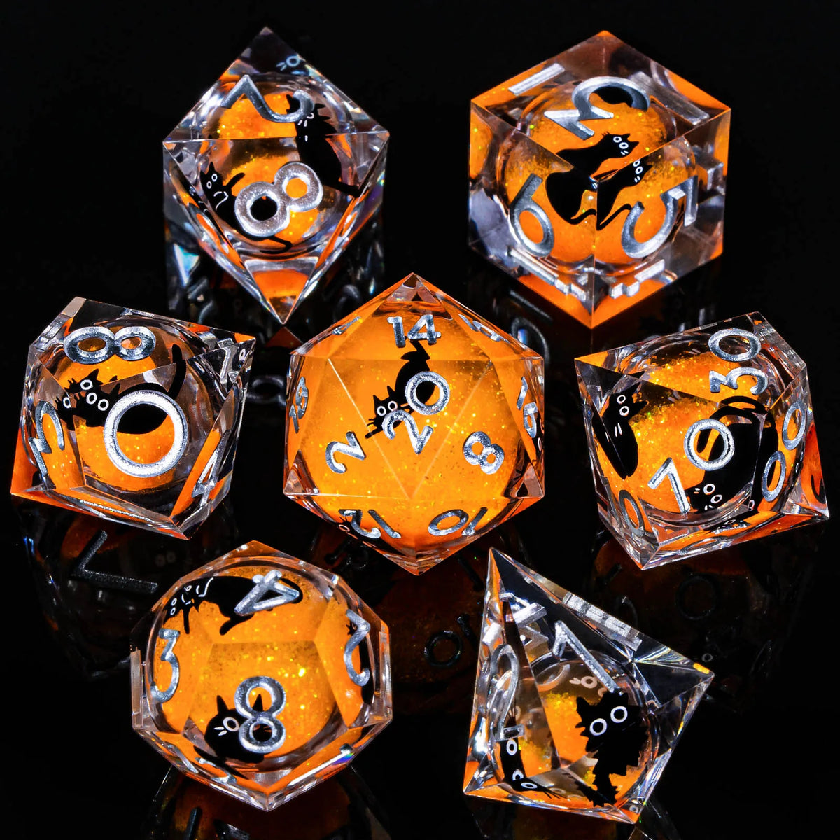 FanzyMarket Liquid-Core Cat Resin 7-piece RPG dice set with sharp edges, including D20, D12, D10, D8, D6, D4 for tabletop gaming