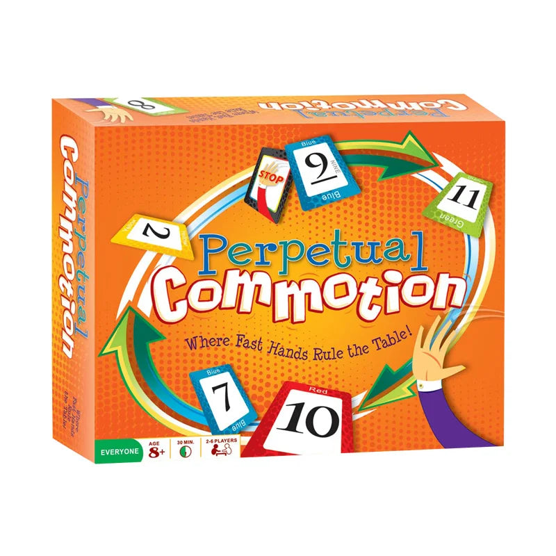 FanzyMarket Perpetual Commotion card game for family and adult game nights, featuring light grey packaging and engaging party fun.