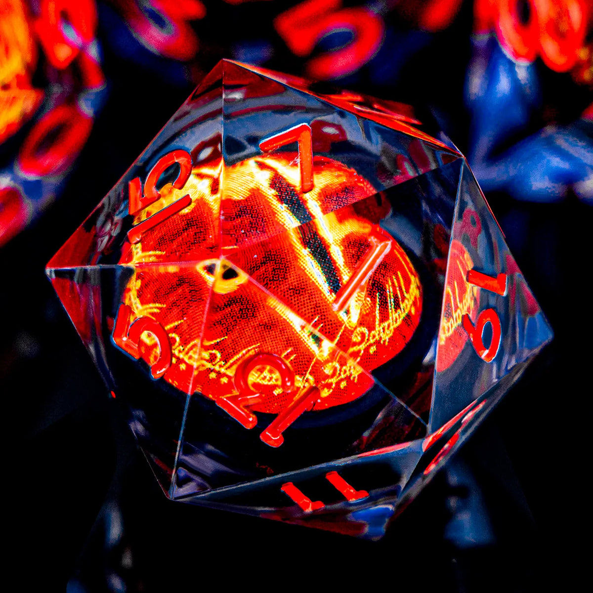 7-piece Eye of Sauron resin dice set with sharp-edged D20 for D&D tabletop RPG, featuring liquid core design by FanzyMarket.