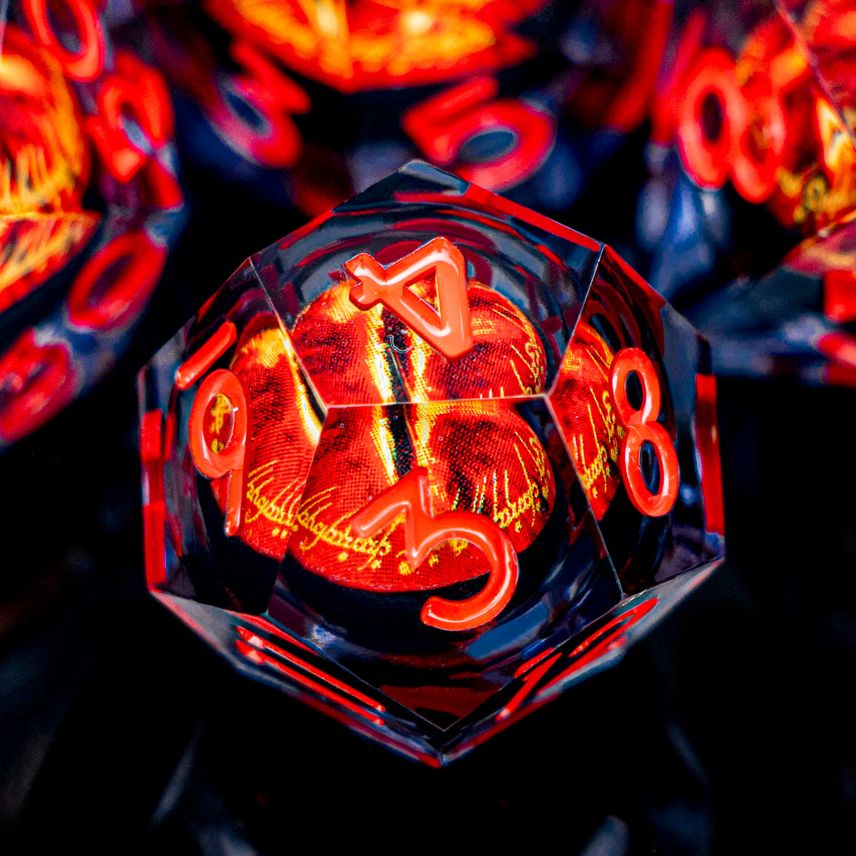 7-piece Liquid Core Eye of Sauron resin dice set featuring sharp-edge D20 for D&D tabletop RPG gameplay by FanzyMarket.