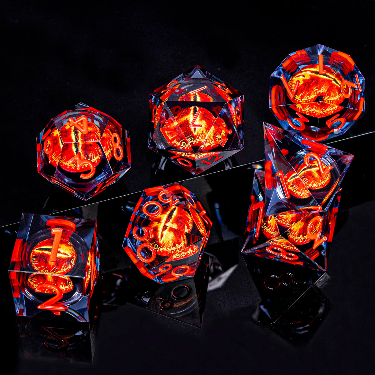 7-piece Liquid Core Eye of Sauron resin dice set with sharp-edge D20 for D&D tabletop RPG gameplay.