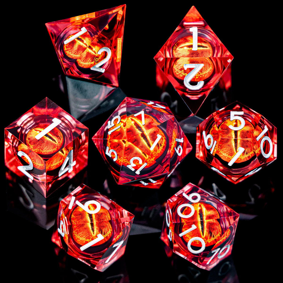 7-piece Eye of Sauron resin dice set with sharp-edge D20 for D&D tabletop RPG by FanzyMarket.