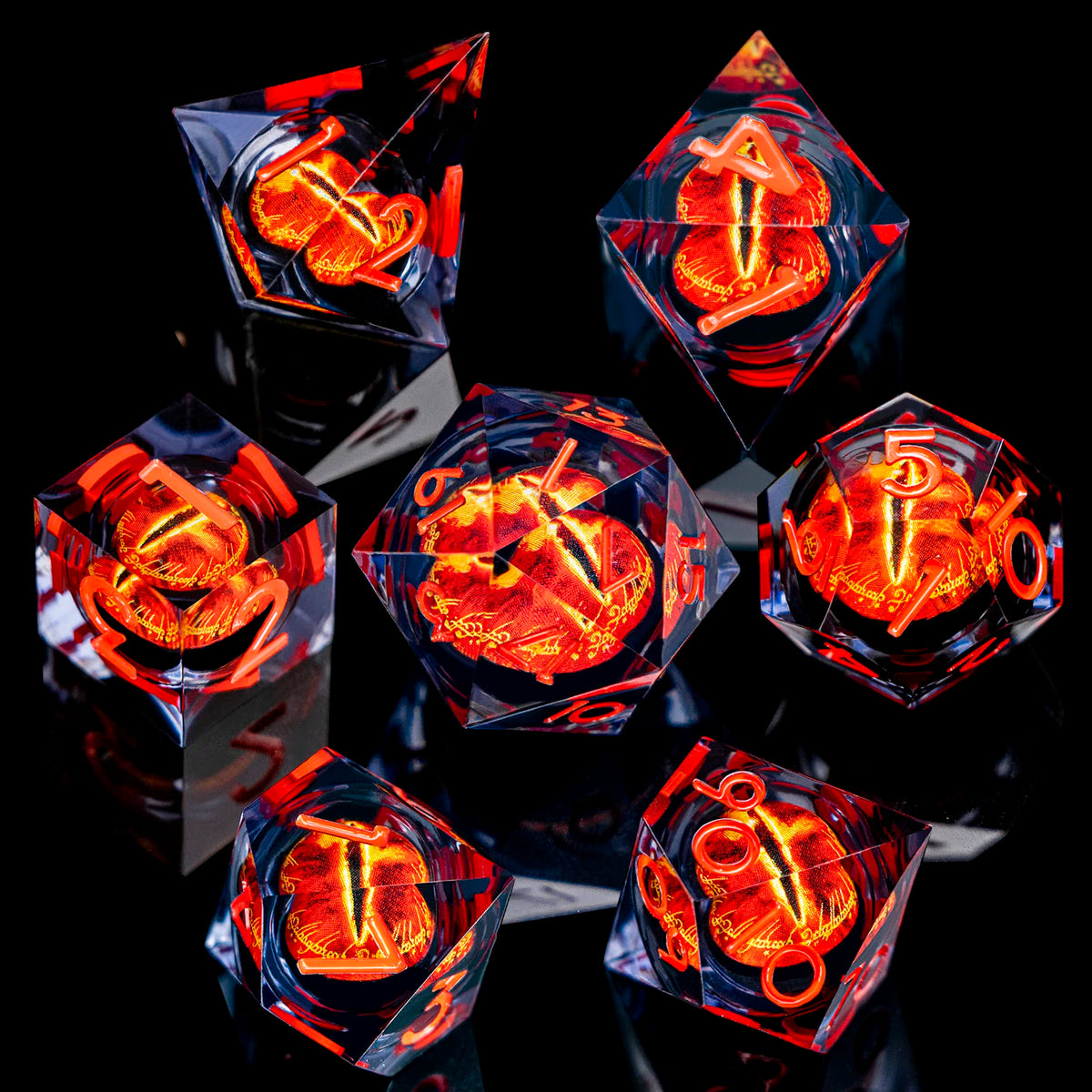 7-piece liquid core Eye of Sauron resin dice set with sharp-edge D20 for D&D tabletop RPG by FanzyMarket