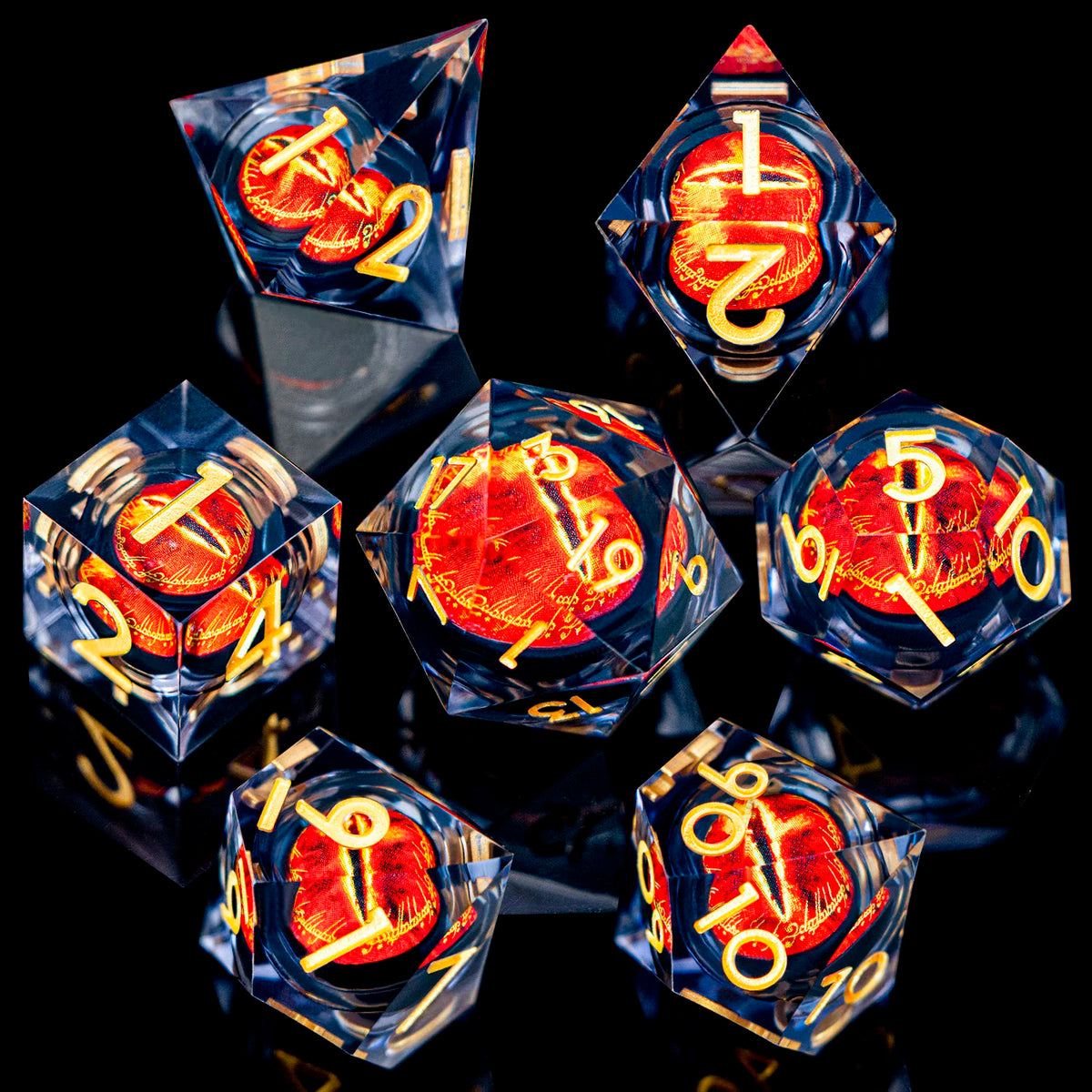 7-piece Liquid Core Eye of Sauron resin dice set with sharp-edge D20 for D&D tabletop RPG gameplay by FanzyMarket