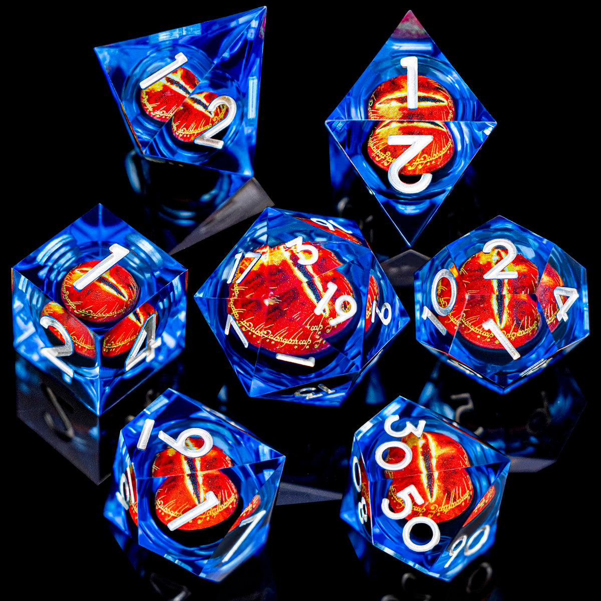 7-piece Eye of Sauron resin dice set with sharp-edged D20, perfect for D&D tabletop RPGs, by FanzyMarket.