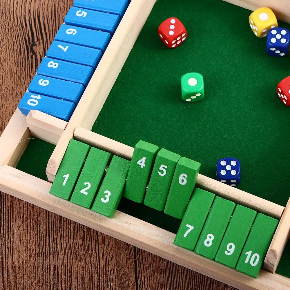Wooden Shut the Box arithmetic dice game by FanzyMarket, a 4-player family number game with wooden dice and game board.