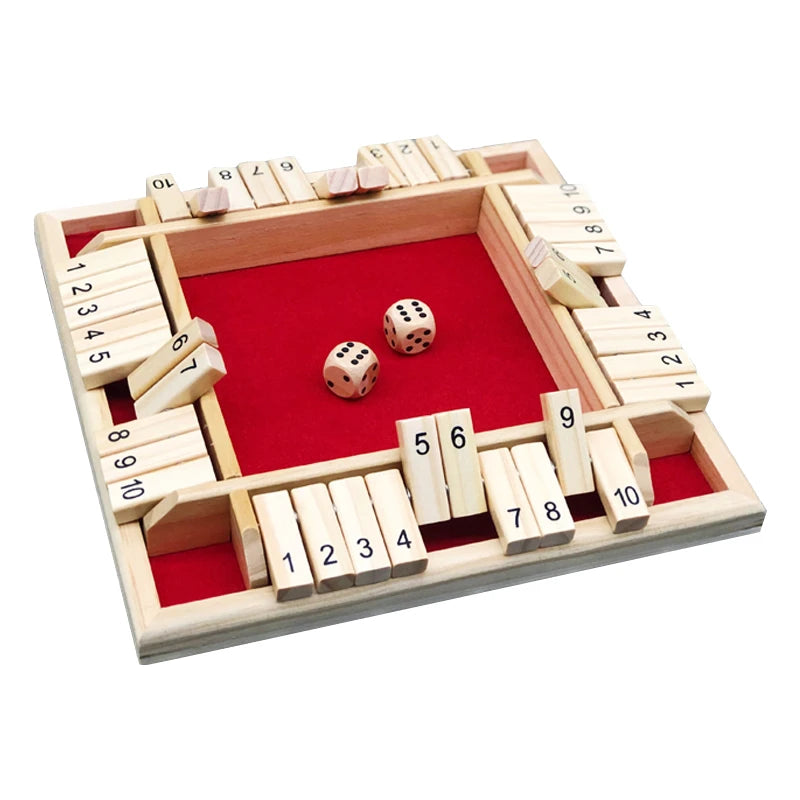 Wooden arithmetic dice game "Shut the Box" by FanzyMarket, featuring colorful dice and numbered wooden tiles for 4 players.