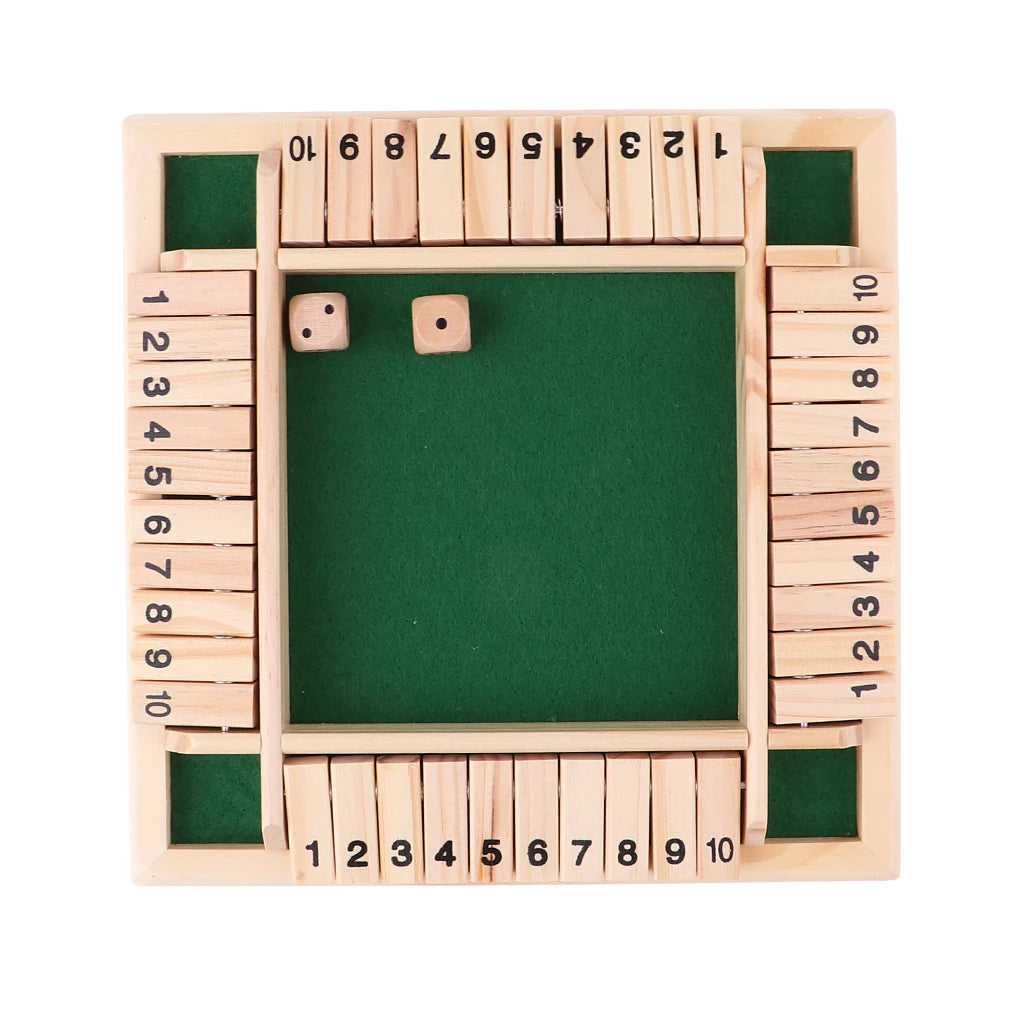 Wooden Shut the Box arithmetic dice game by FanzyMarket, designed for 4 players, family and party entertainment.