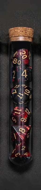 Transparent purple and dark blue 7-piece RPG dice set with potion flask style for D&D and Call of Cthulhu tabletop games by FanzyMarket.