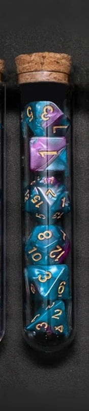 Transparent purple and dark blue 7-piece polyhedral RPG dice set with potion flask style for D&D and tabletop gaming.