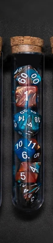 Transparent purple and dark blue 7-piece RPG dice set with polyhedral shapes, potion flask style for D&D and tabletop games by FanzyMarket.