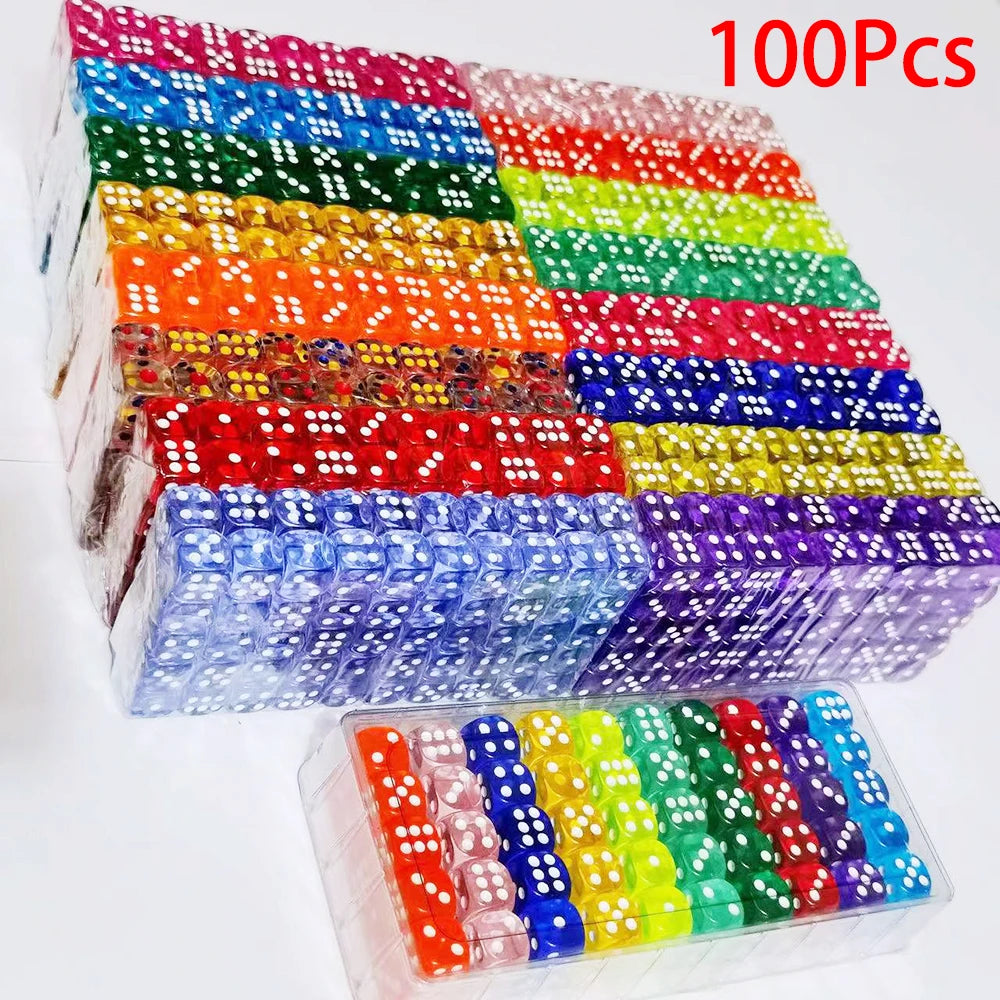 Set of 100 transparent 14mm acrylic six-sided dice with rounded edges for board games and DnD by FanzyMarket.