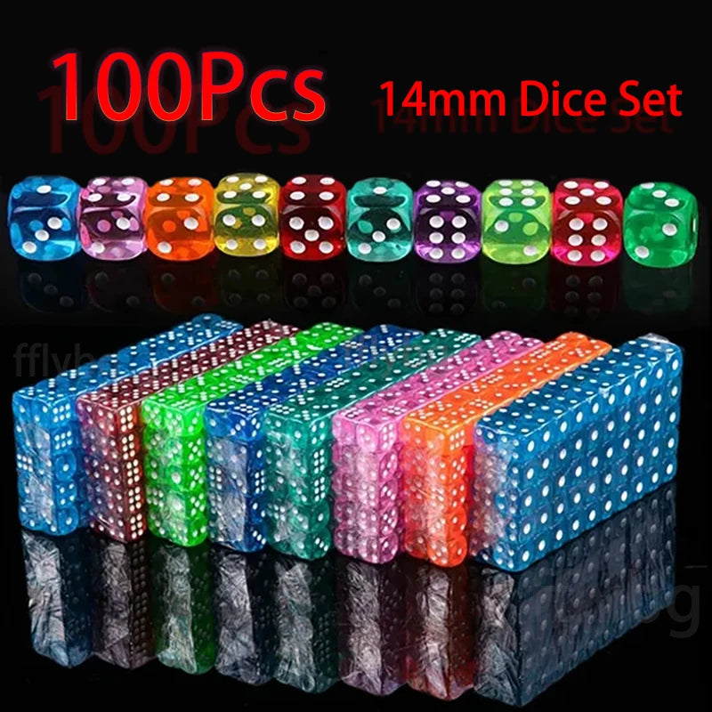 Set of 100 transparent 14mm acrylic six-sided dice with rounded edges, perfect for board games and D&D by FanzyMarket.