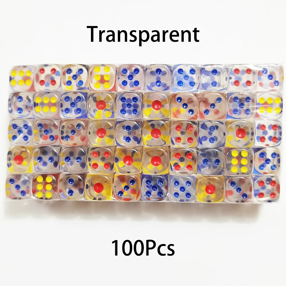 Set of 100 clear 14mm acrylic six-sided dice with rounded edges, perfect for board games and D&D by FanzyMarket.
