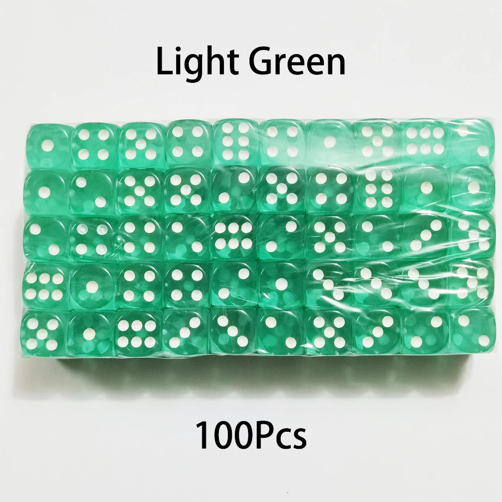 Set of 100 transparent 14mm acrylic six-sided dice with rounded edges, ideal for board games and D&D adventures.