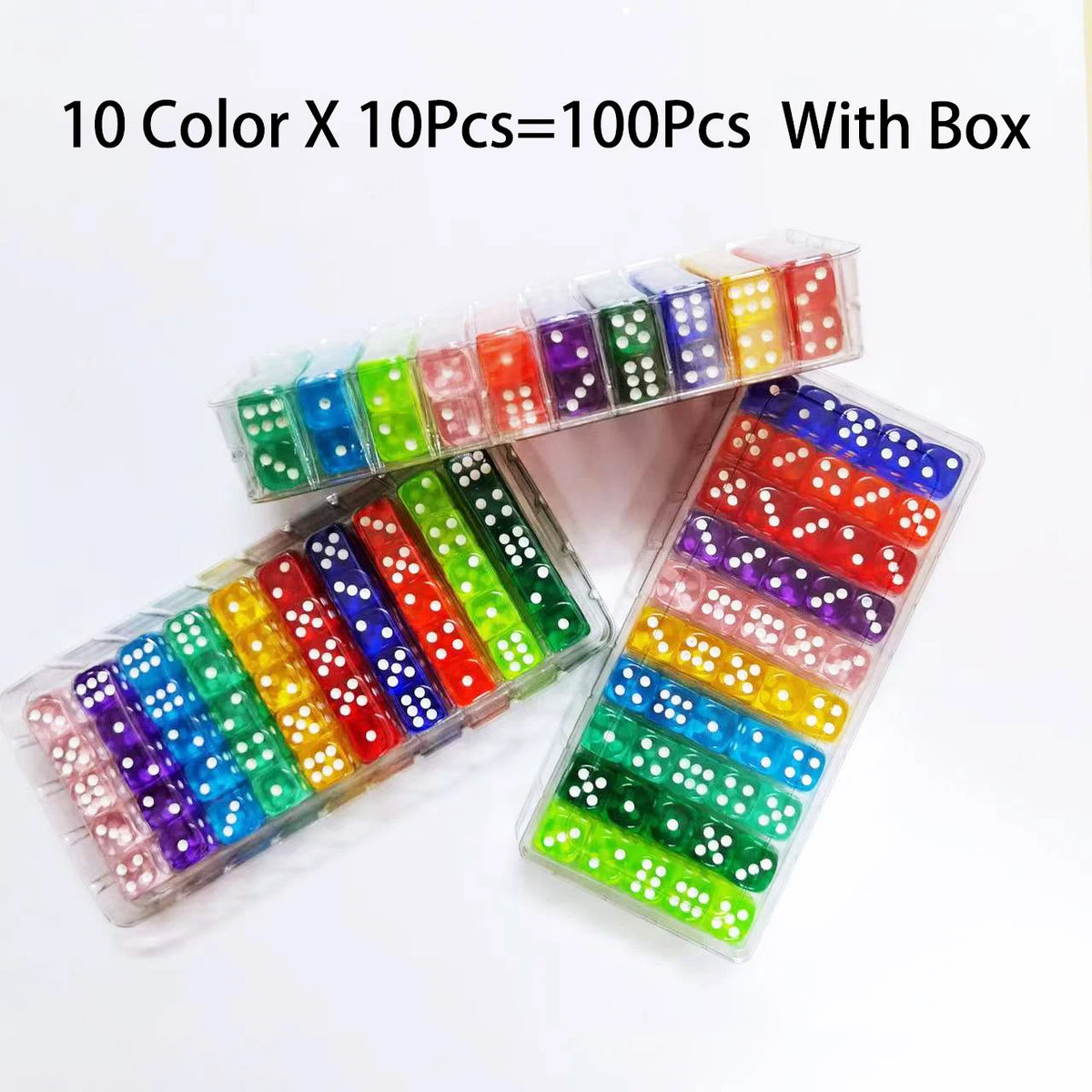 Set of 100 transparent 14mm acrylic six-sided dice with rounded edges, ideal for board games and DnD from FanzyMarket.