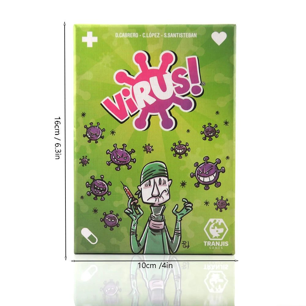 Bilingual Virus Card Game by FanzyMarket featuring Spanish and English cards, ideal for family and friends' game night.