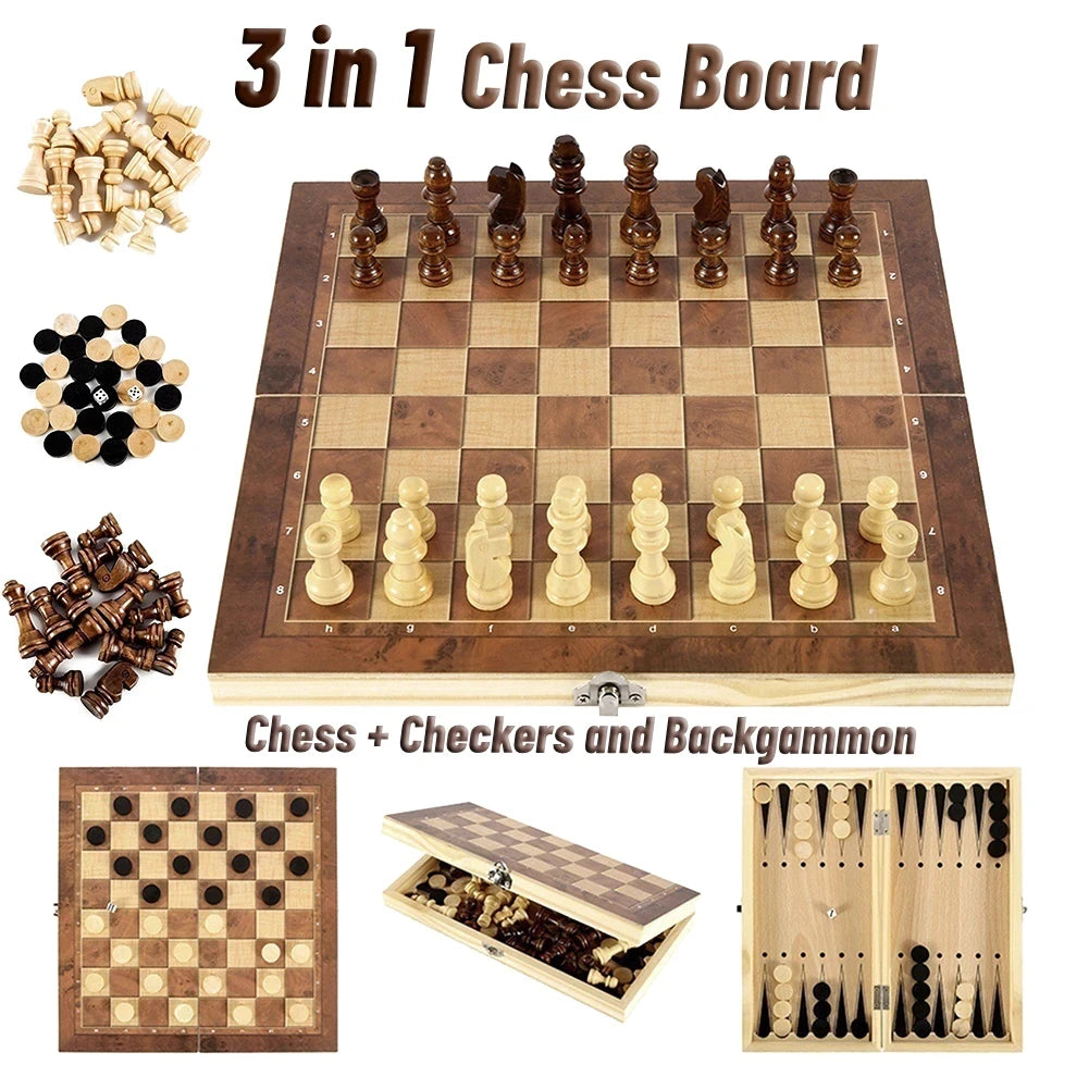 FanzyMarket 3-in-1 travel board game set with chess, checkers, backgammon, and dice for portable family fun.