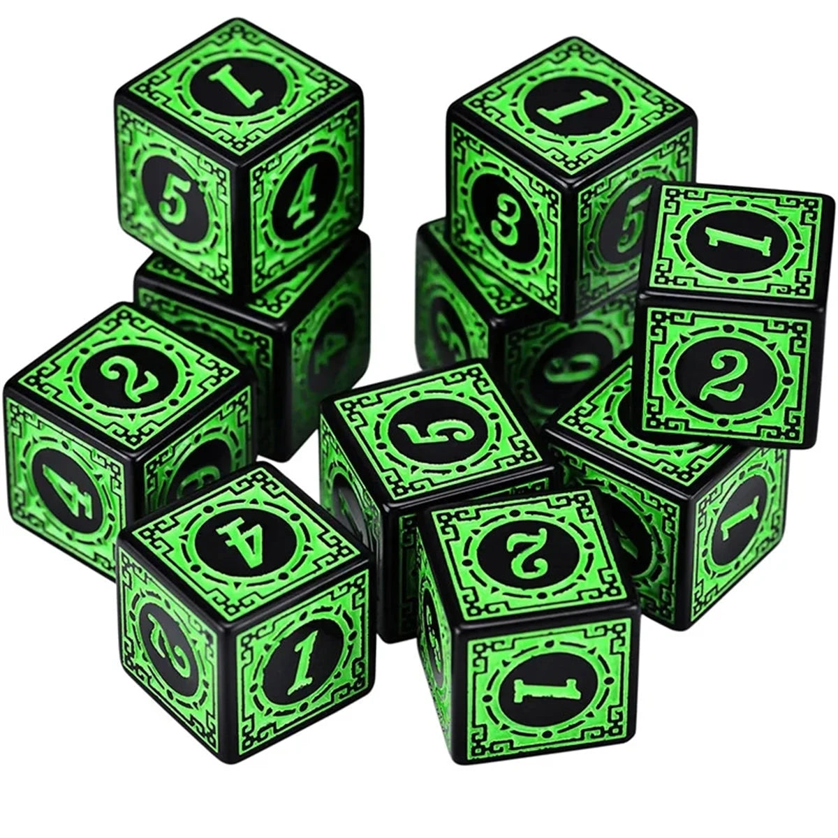 FanzyMarket 10-piece acrylic D6 dice set with yellow 16mm carved six-sided game dice for RPGs, Dungeons & Dragons, and board games.