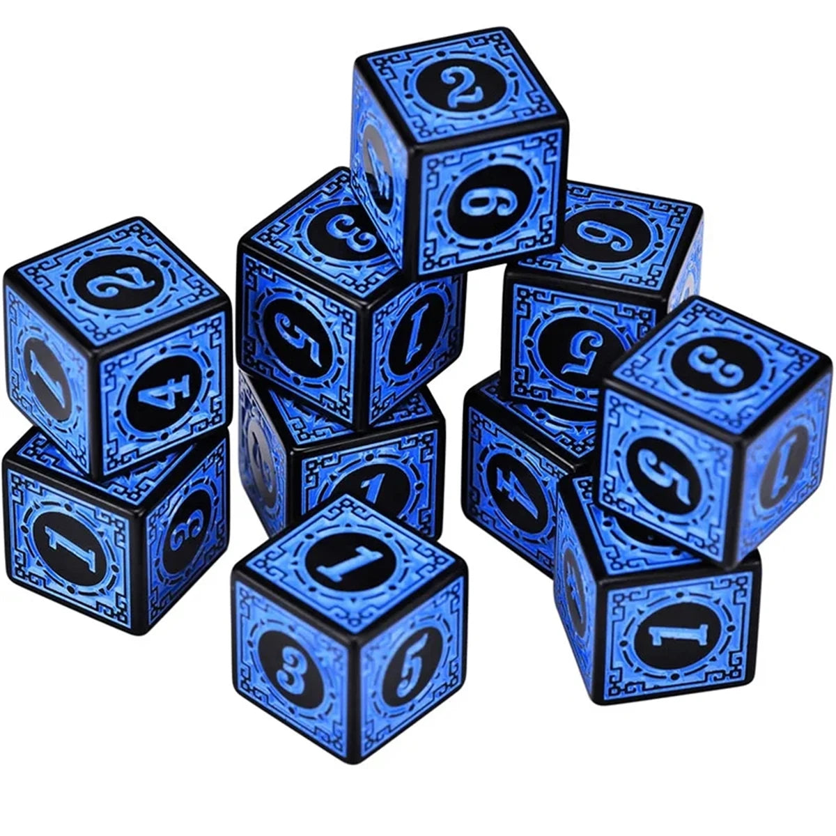 Yellow 10-piece acrylic D6 dice set with carved numbers, 16mm size, ideal for RPGs, Dungeons & Dragons, and board games.