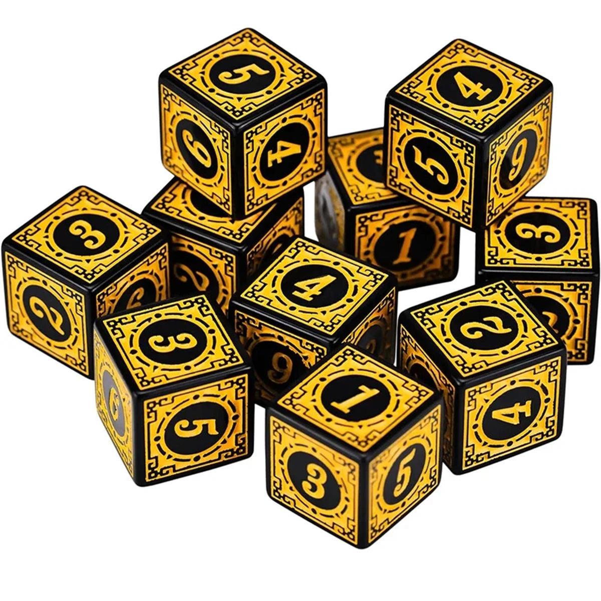 FanzyMarket 10-piece yellow acrylic D6 dice set with carved six-sided design, 16mm for RPG, Dungeons & Dragons, and board games.