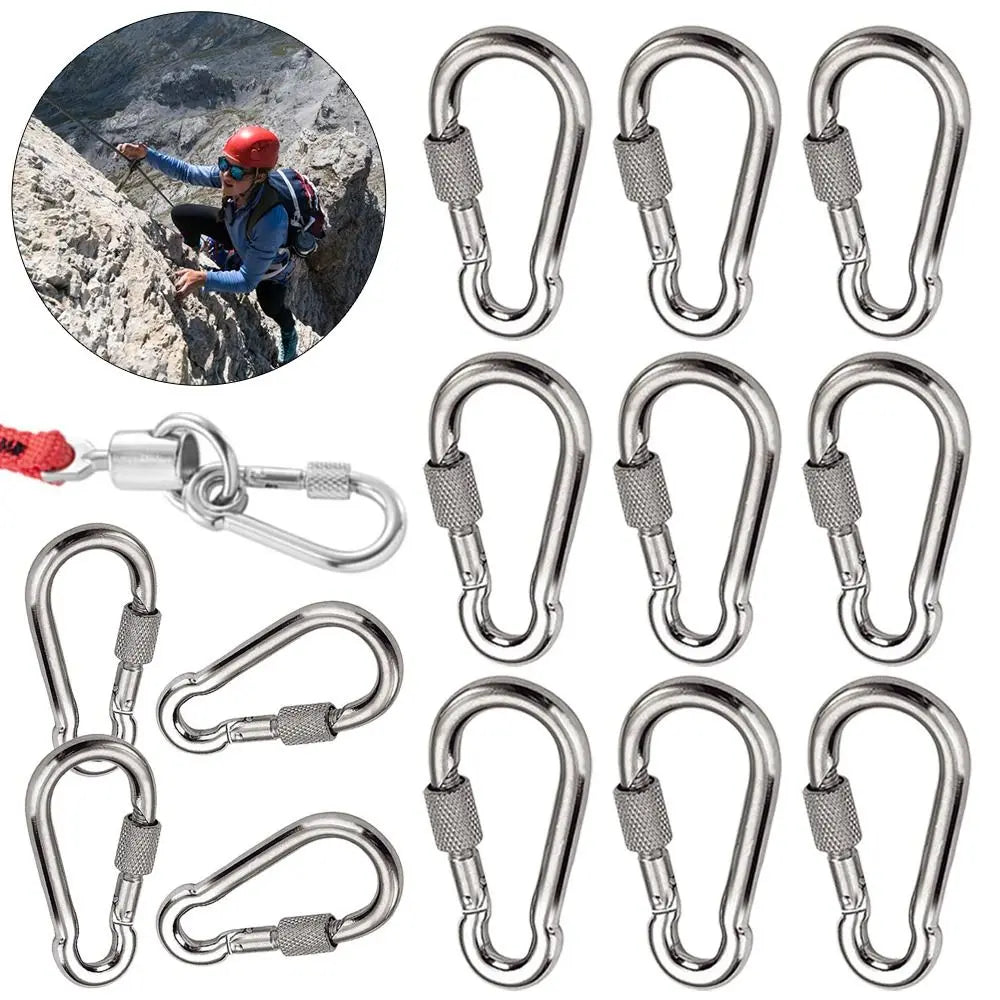 Pair of FanzyMarket stainless steel screw-lock quick link carabiners for outdoor climbing and camping, 10mm size, 1/2-pack.
