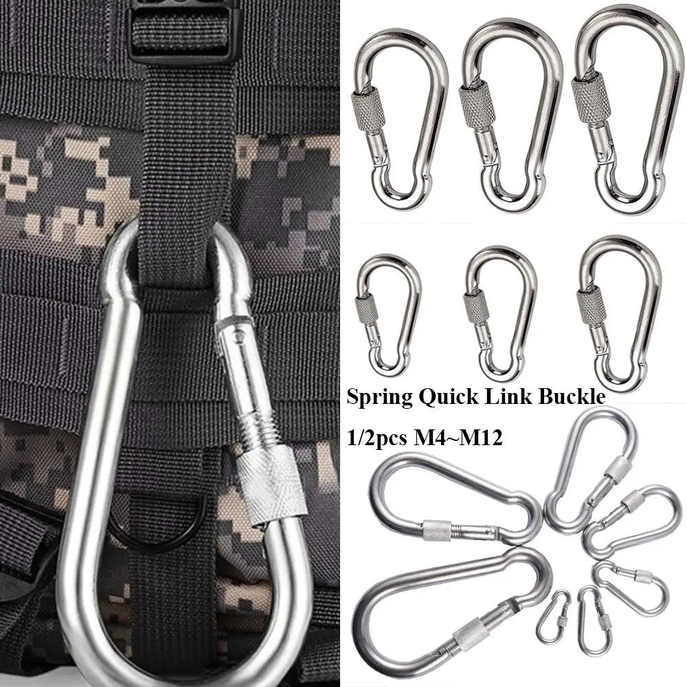 Pair of stainless steel screw-lock quick link carabiners, 10mm, ideal for outdoor climbing, camping, and outdoor sports gear.