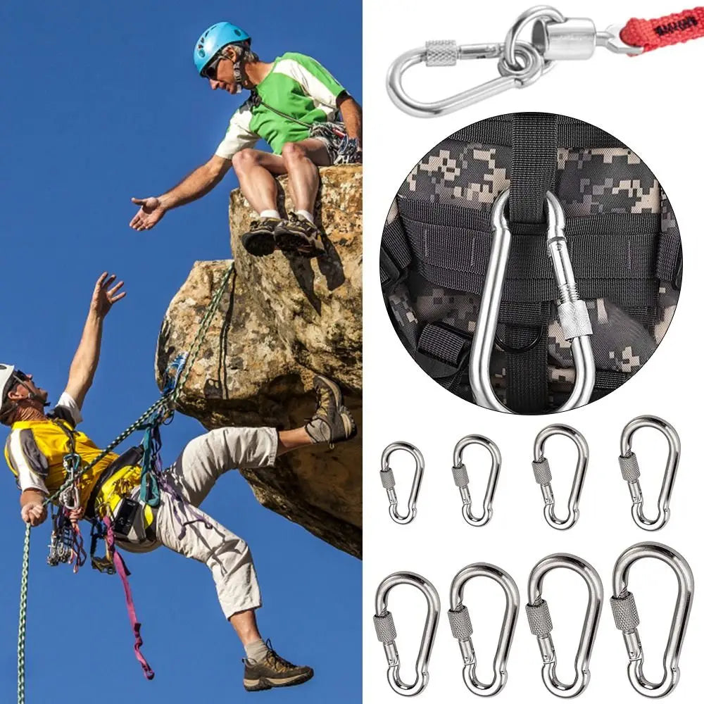 Pair of FanzyMarket stainless steel screw-lock quick link carabiners for outdoor climbing and camping, 10mm M4-M12 size, 1/2-pack.