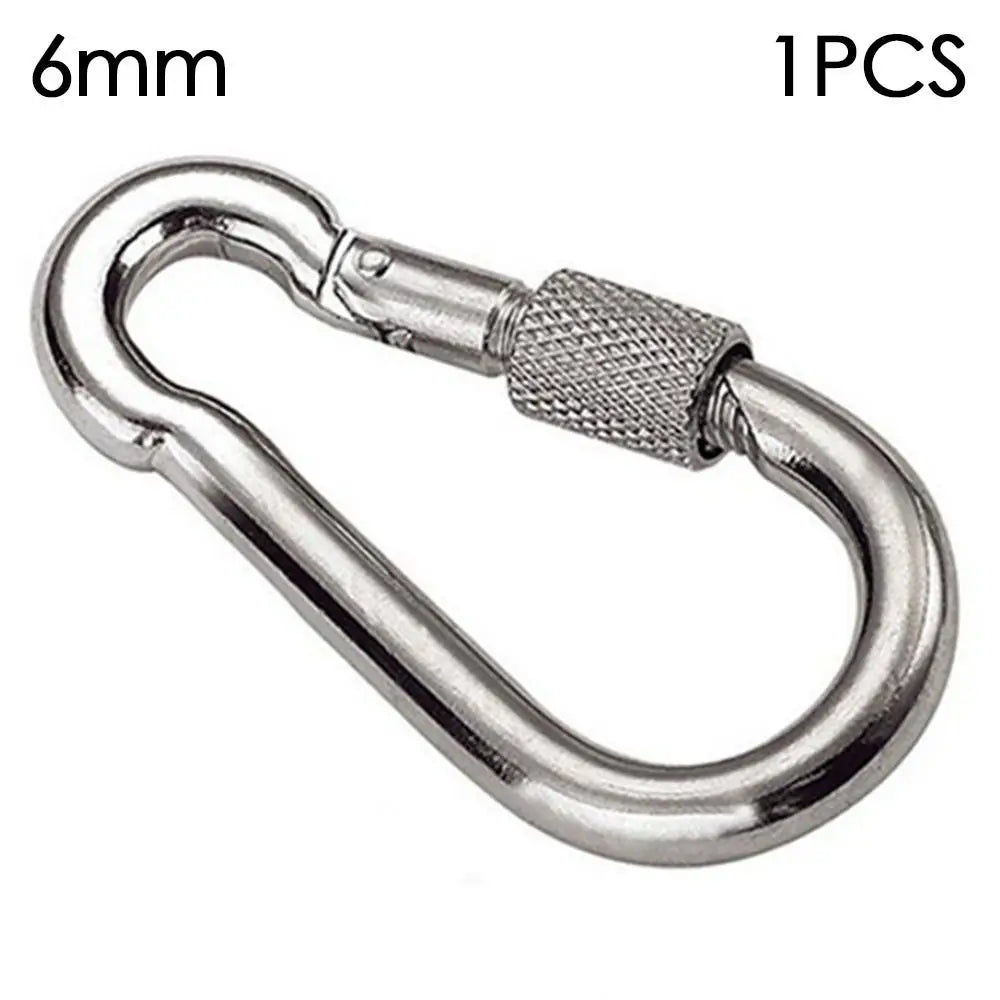 Set of two FanzyMarket stainless steel screw-lock quick link carabiners, outdoor climbing and camping gear, M4 to M12 sizes.