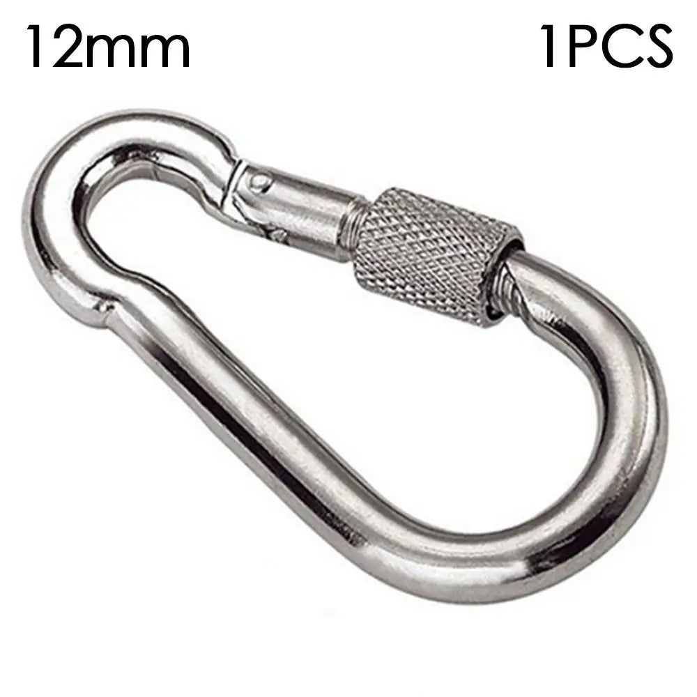 Two stainless steel screw-lock quick link carabiners from FanzyMarket, suitable for outdoor climbing and camping gear.