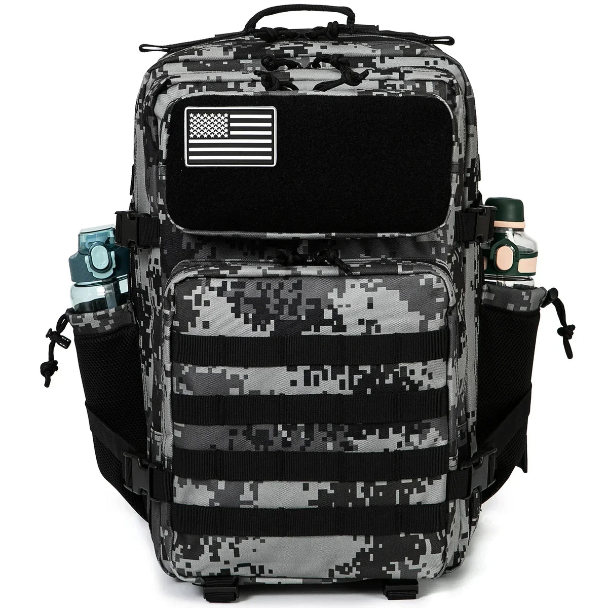FanzyMarket 45L tactical backpack with waterproof 900D fabric, MOLLE webbing, ideal for hiking, camping, travel, and outdoor activities.