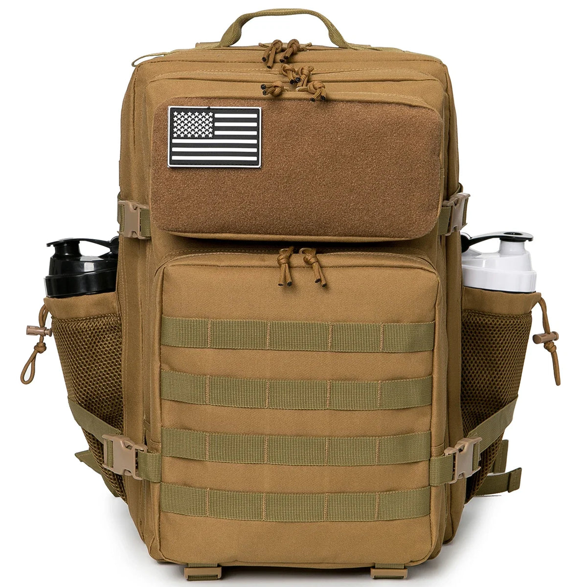 FanzyMarket 45L tactical backpack with waterproof 900D fabric, MOLLE webbing, ideal for hiking, camping, travel, and outdoor activities.