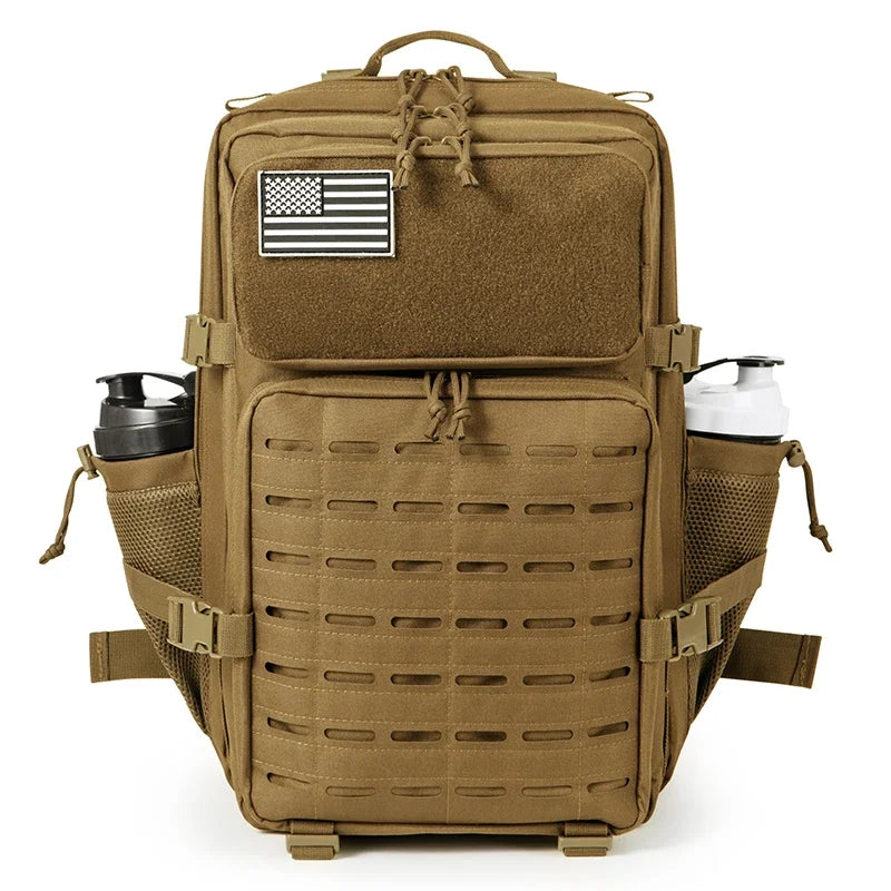 FanzyMarket 45L tactical backpack with waterproof 900D fabric, MOLLE system, suitable for hiking, camping, travel, and school.