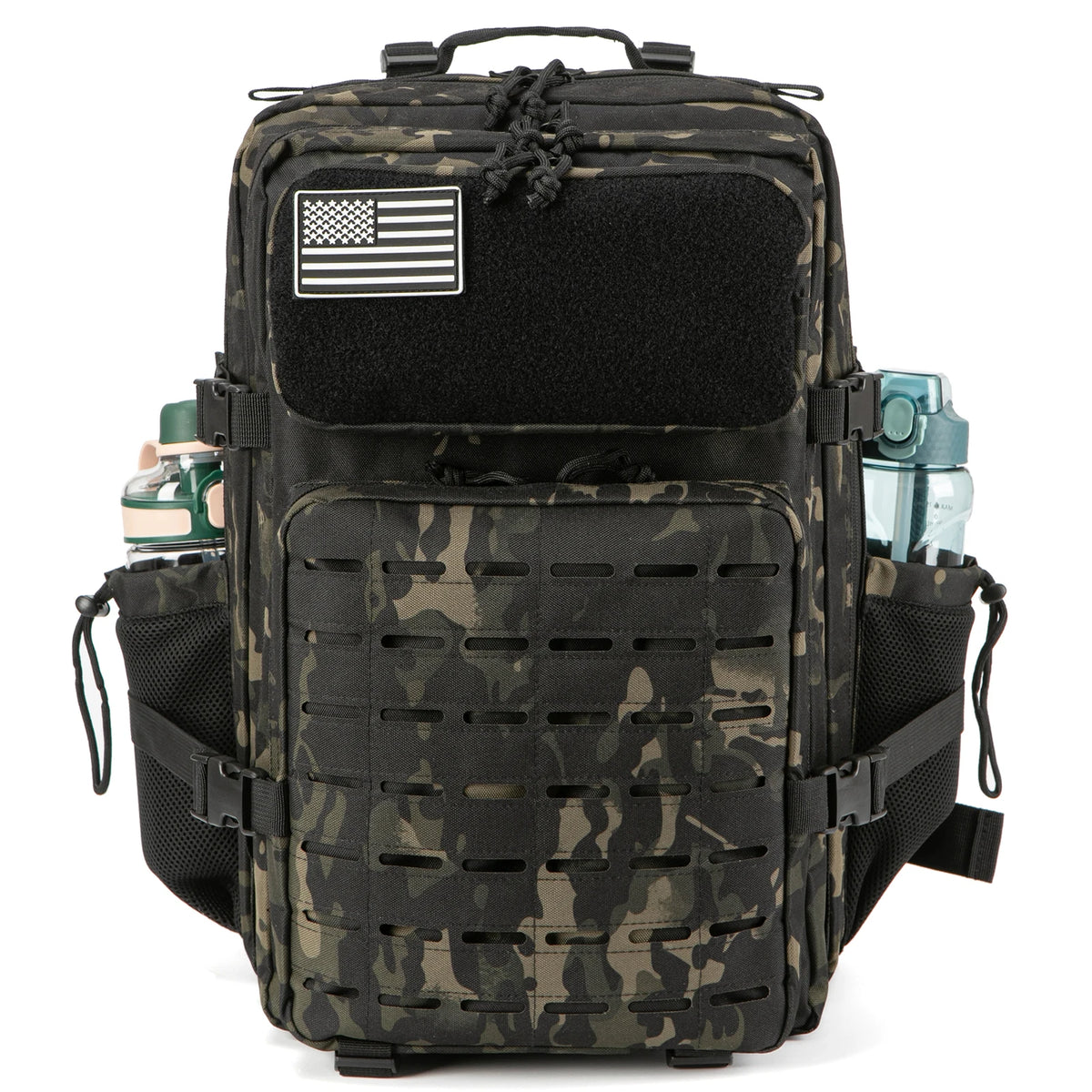 FanzyMarket 45L waterproof tactical backpack with MOLLE webbing, ideal for hiking, camping, travel, and outdoor activities.