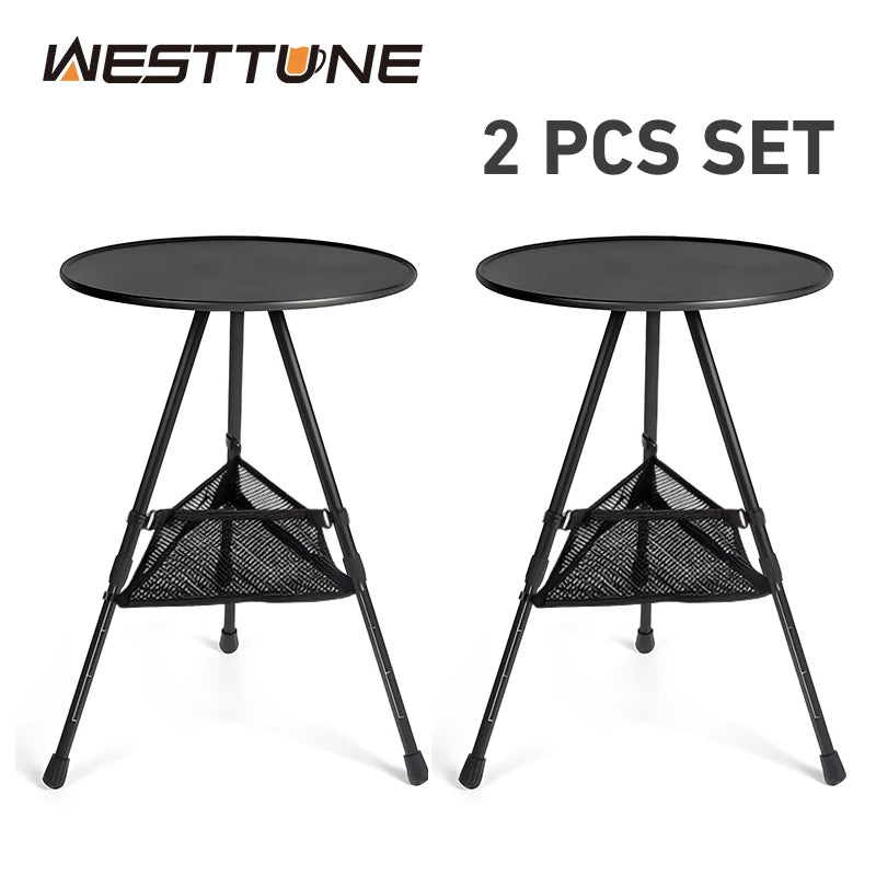 FanzyMarket round folding camping tables, 14.5-inch ultralight, portable, adjustable height with mesh storage bags for outdoor and indoor use.
