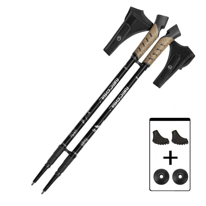 Pair of FanzyMarket adjustable telescopic trekking poles with cork handles, lightweight aluminum, copper locking system, black finish.