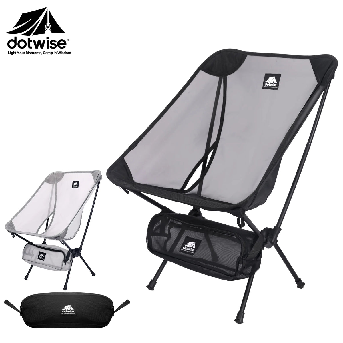 FanzyMarket breathable mesh moon chair, lightweight foldable camping and fishing chair with aluminum frame and carry bag, black color.