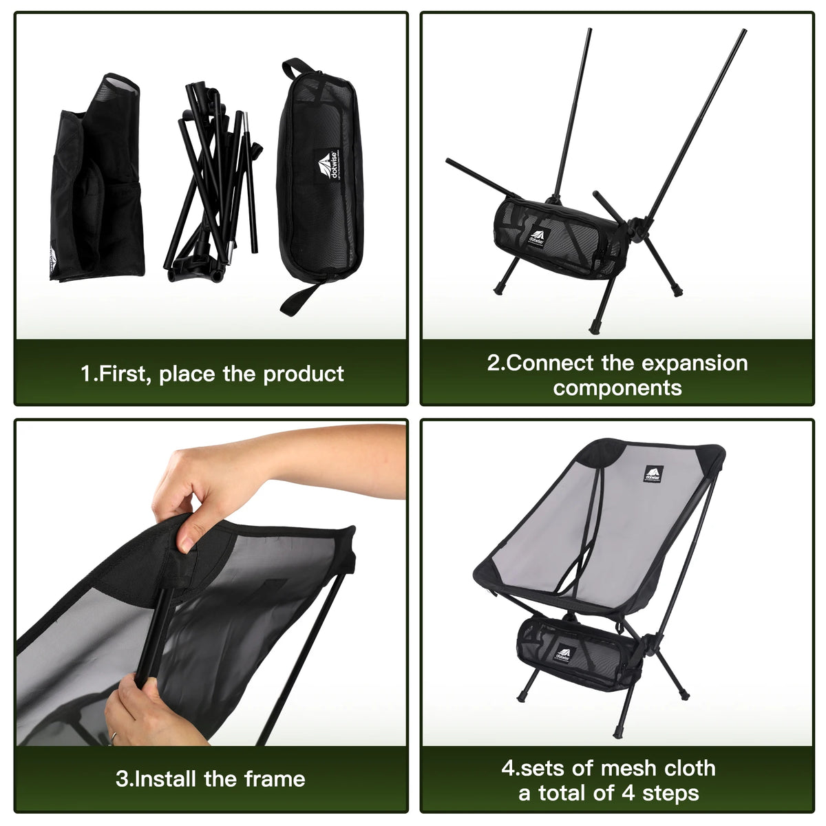 FanzyMarket breathable mesh moon chair, lightweight foldable camping and fishing chair with carry bag, made from aluminum, in black.