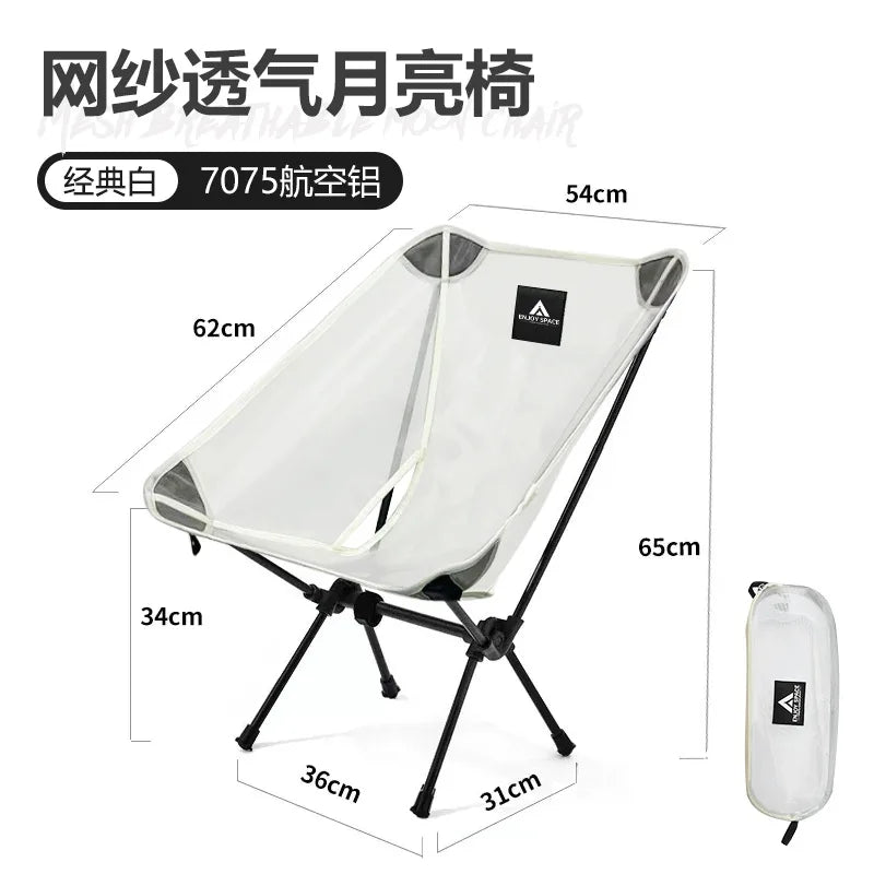 FanzyMarket breathable mesh moon chair, lightweight foldable camping and fishing chair with aluminum frame and carry bag.