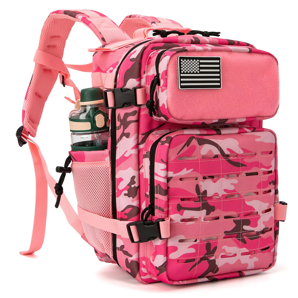 Black 45L tactical backpack by FanzyMarket with laser-cut MOLLE, dual bottle holders, suitable for hiking, school, and outdoor activities.