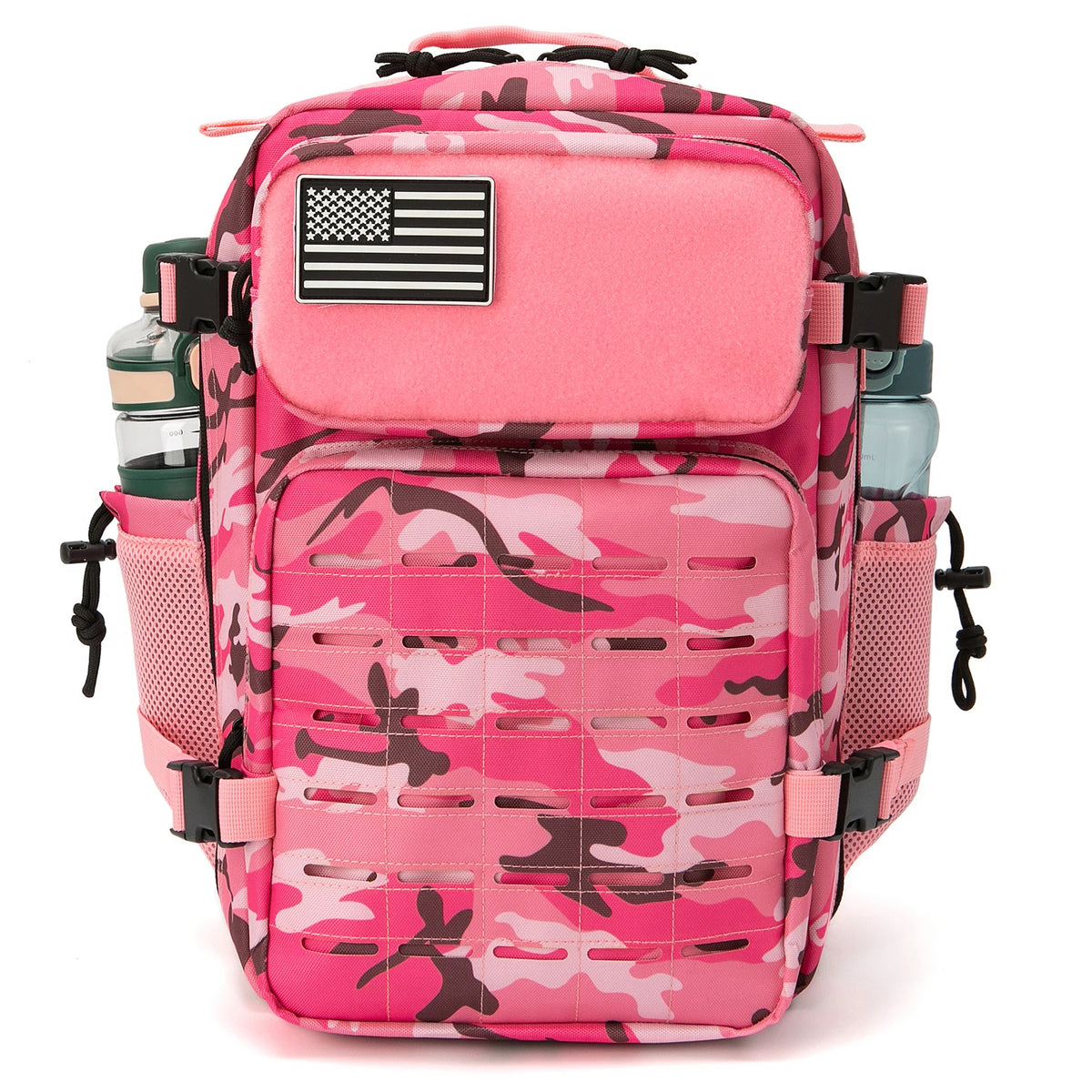 FanzyMarket 45L tactical backpack with laser-cut MOLLE system, dual bottle holders, suitable for hiking, camping, school, and gym.