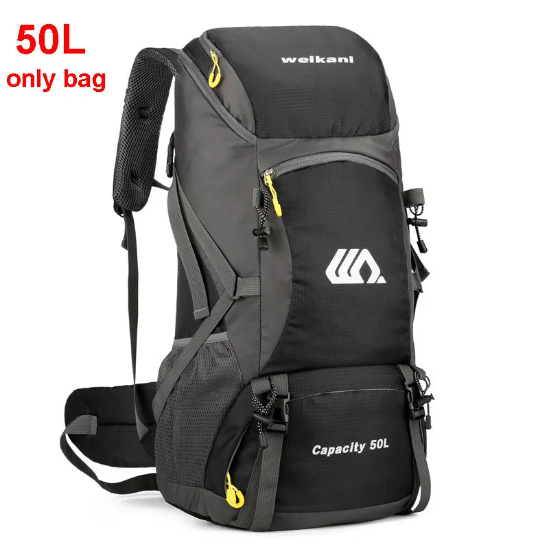 Waterproof 50L hiking backpack by FanzyMarket, designed for men and women, suitable for travel, camping, and outdoor adventures.