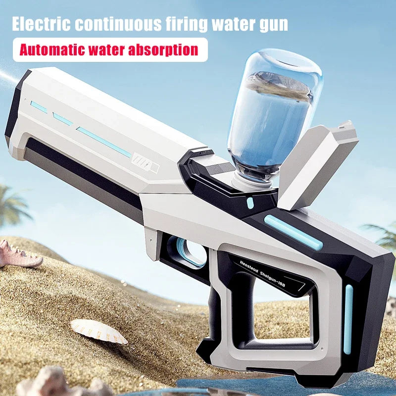 FanzyMarket electric water blaster for adults with LED flash, lithium battery, powerful automatic water gun for beach and pool fun.