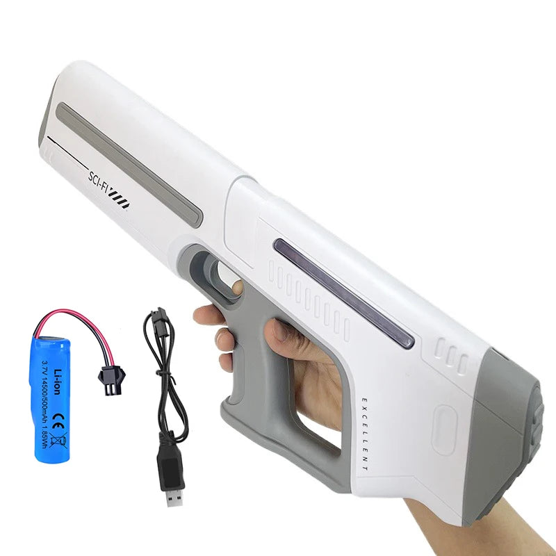 FanzyMarket electric water blaster for adults, powerful automatic water gun with LED flash, lithium battery-powered for outdoor fun.