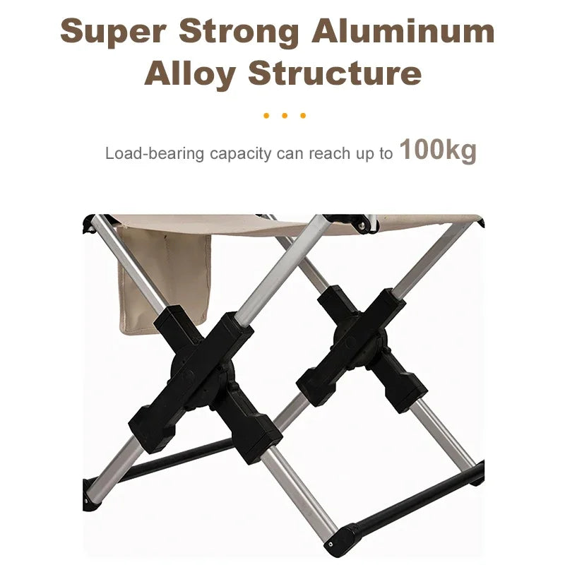 FanzyMarket foldable director camping chair in beige, lightweight aluminum alloy for beach, fishing, and picnic outdoor activities.