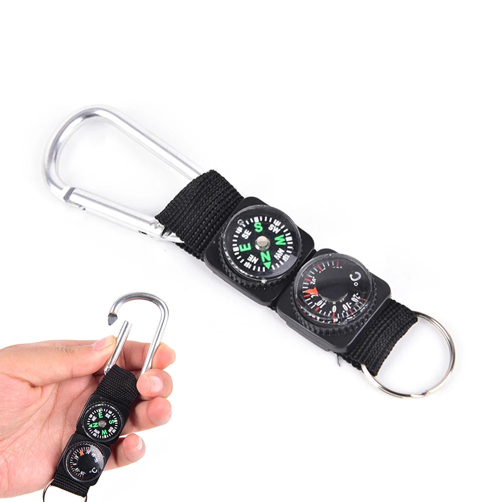 Black 3-in-1 mini carabiner keychain with compass and thermometer, ideal for camping, climbing, and hiking outdoor activities.