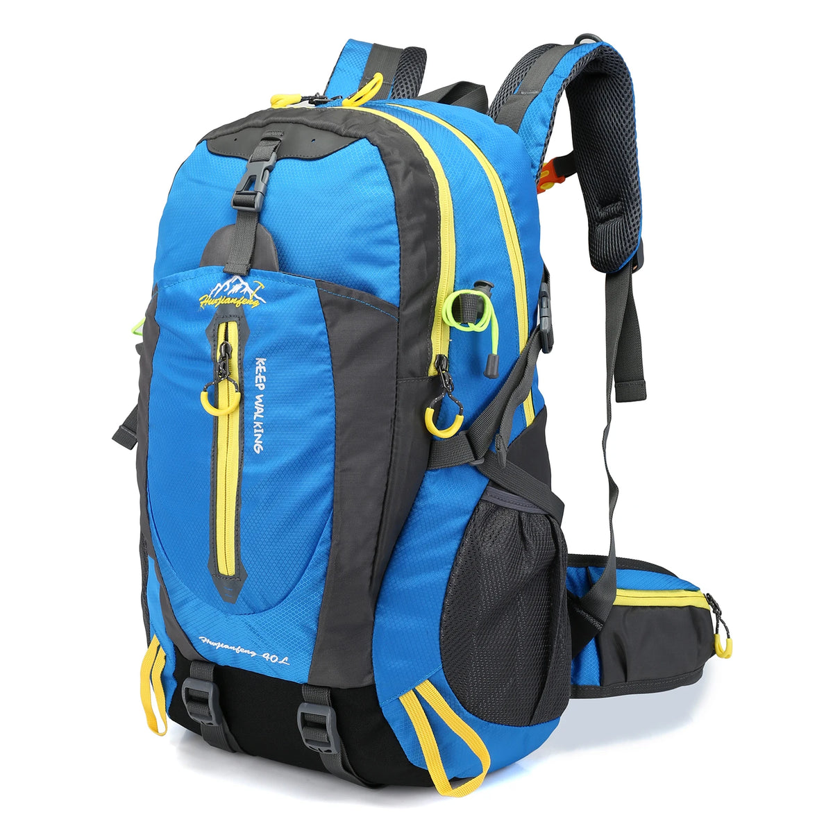 Black 40L water-resistant travel backpack by FanzyMarket, unisex hiking and camping daypack with multiple compartments for outdoor adventures.