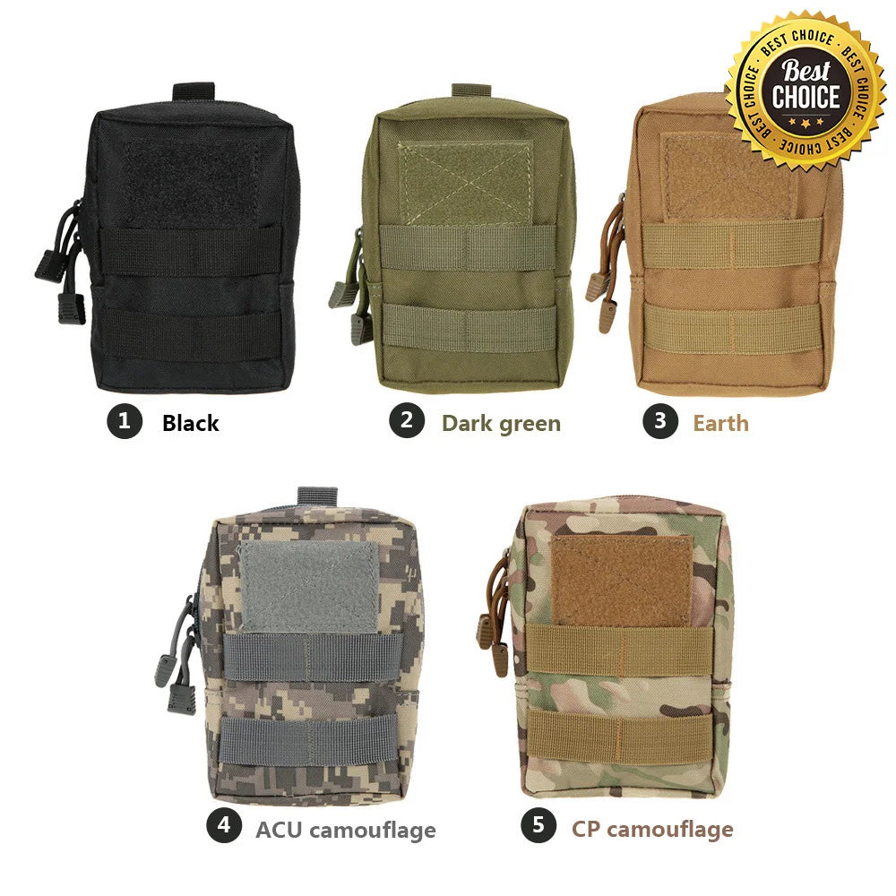 Black 600D nylon MOLLE waist pouch with zipper, tactical hunting belt pack, designed for outdoor camping and fishing activities.